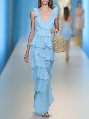 Casual Vacation Light Blue V-neck Ruffled Skirt Sleeveless Maxi Dress