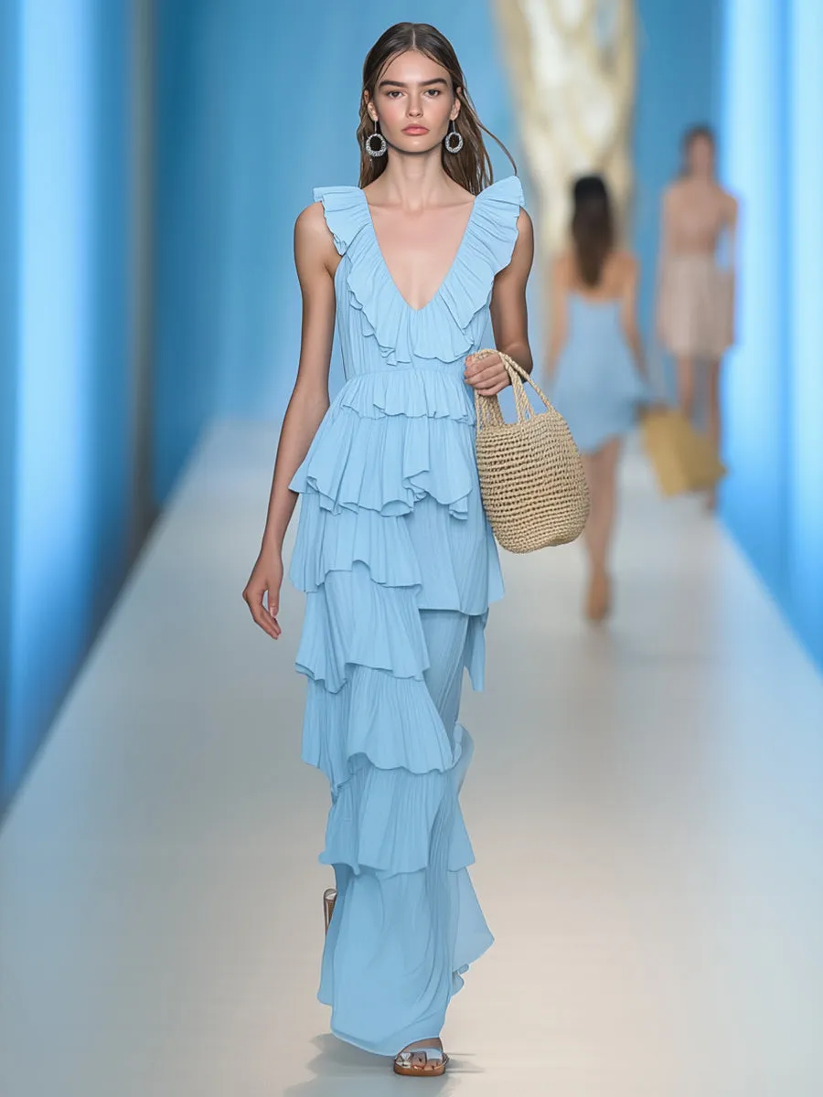 Casual Vacation Light Blue V-neck Ruffled Skirt Sleeveless Maxi Dress