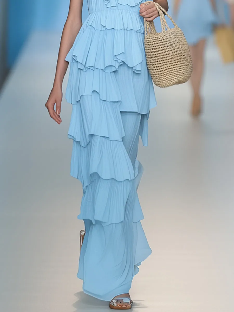 Casual Vacation Light Blue V-neck Ruffled Skirt Sleeveless Maxi Dress