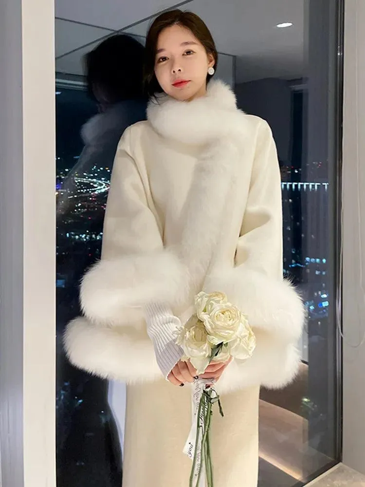 Chic Korean Wool Cape Coat for Women with Luxurious Fox Fur Trim - Must-Have Autumn Outerwear