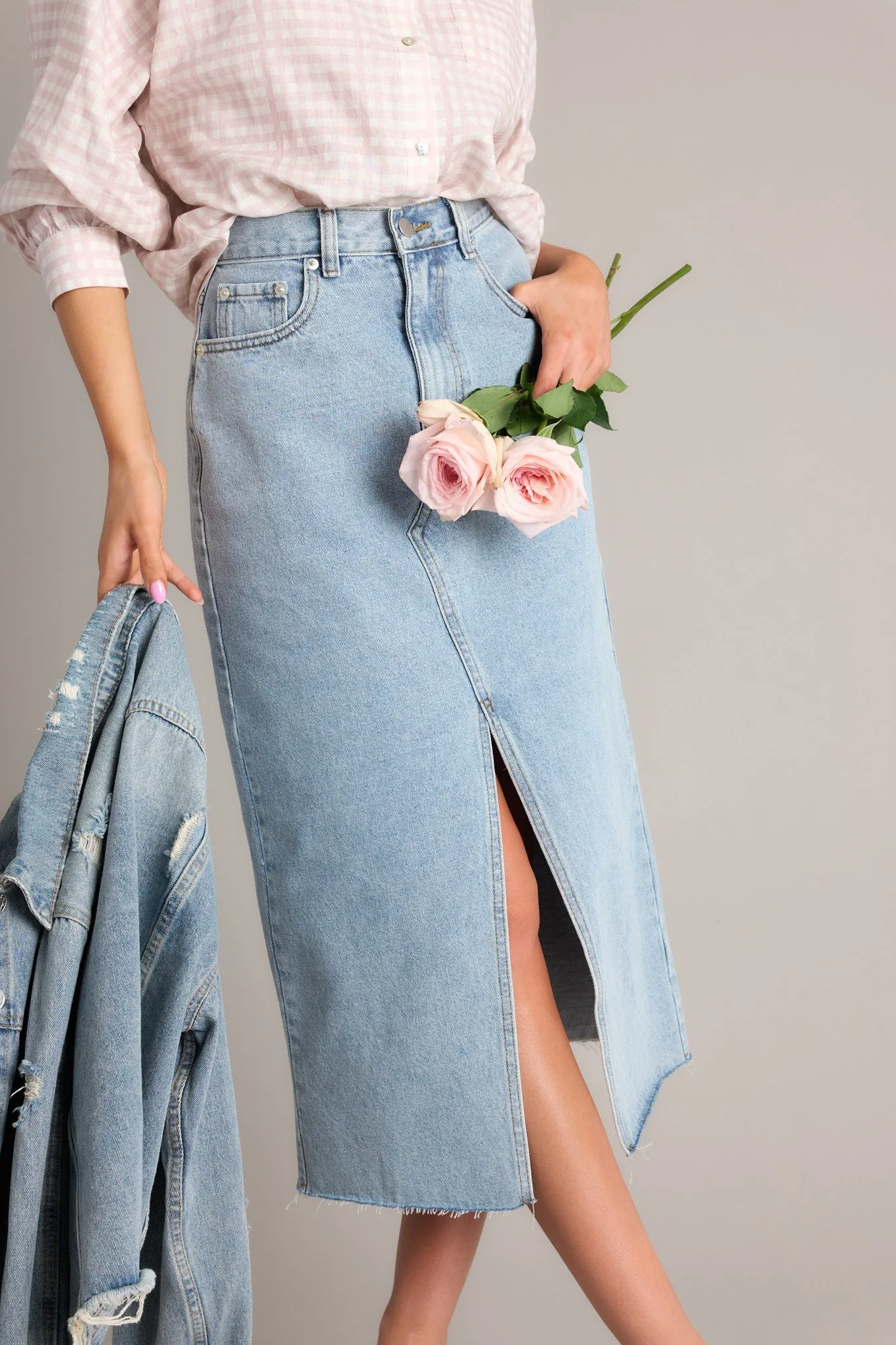 Confident Strides Light Denim Midi Skirt