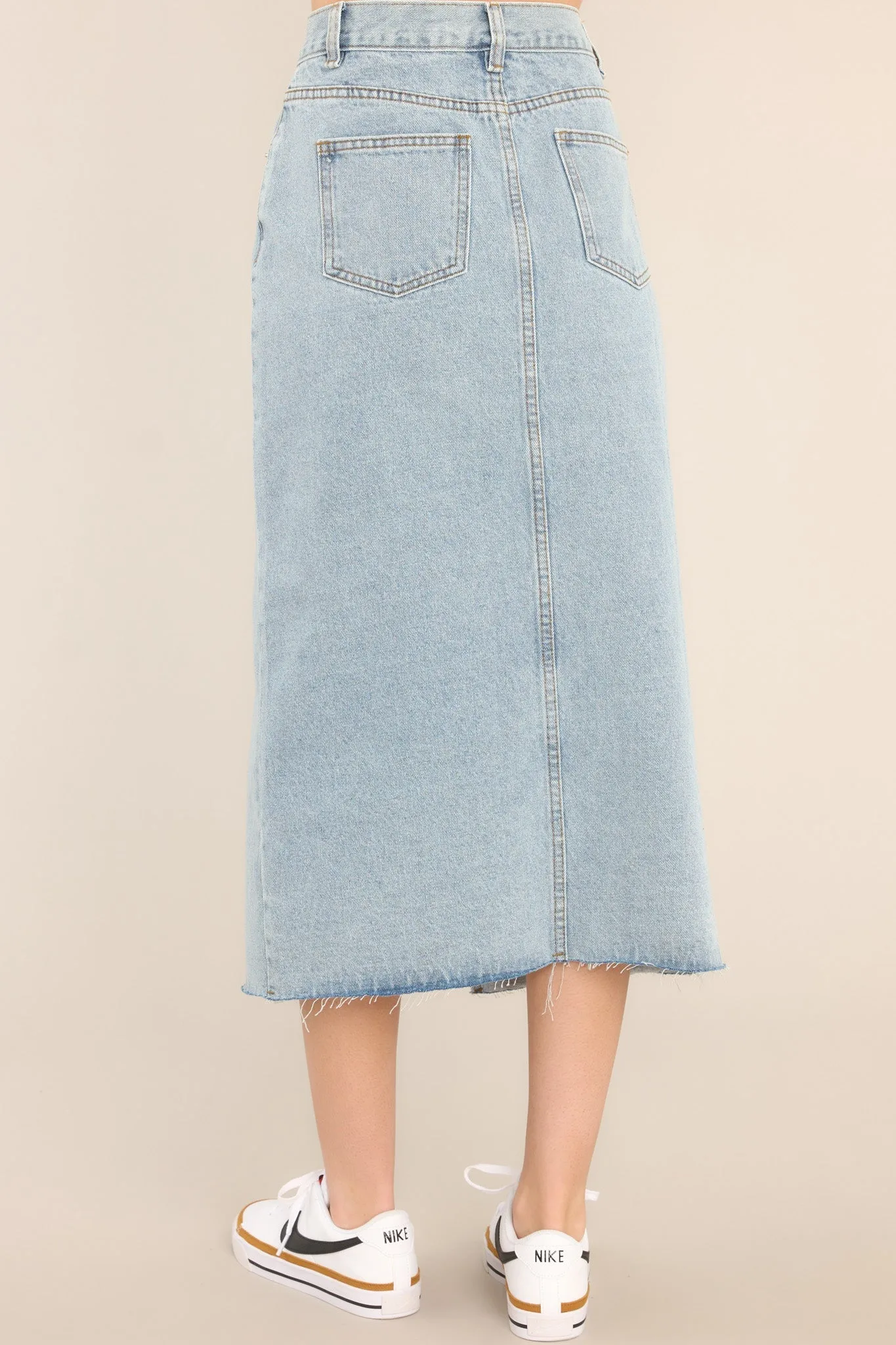 Confident Strides Light Denim Midi Skirt