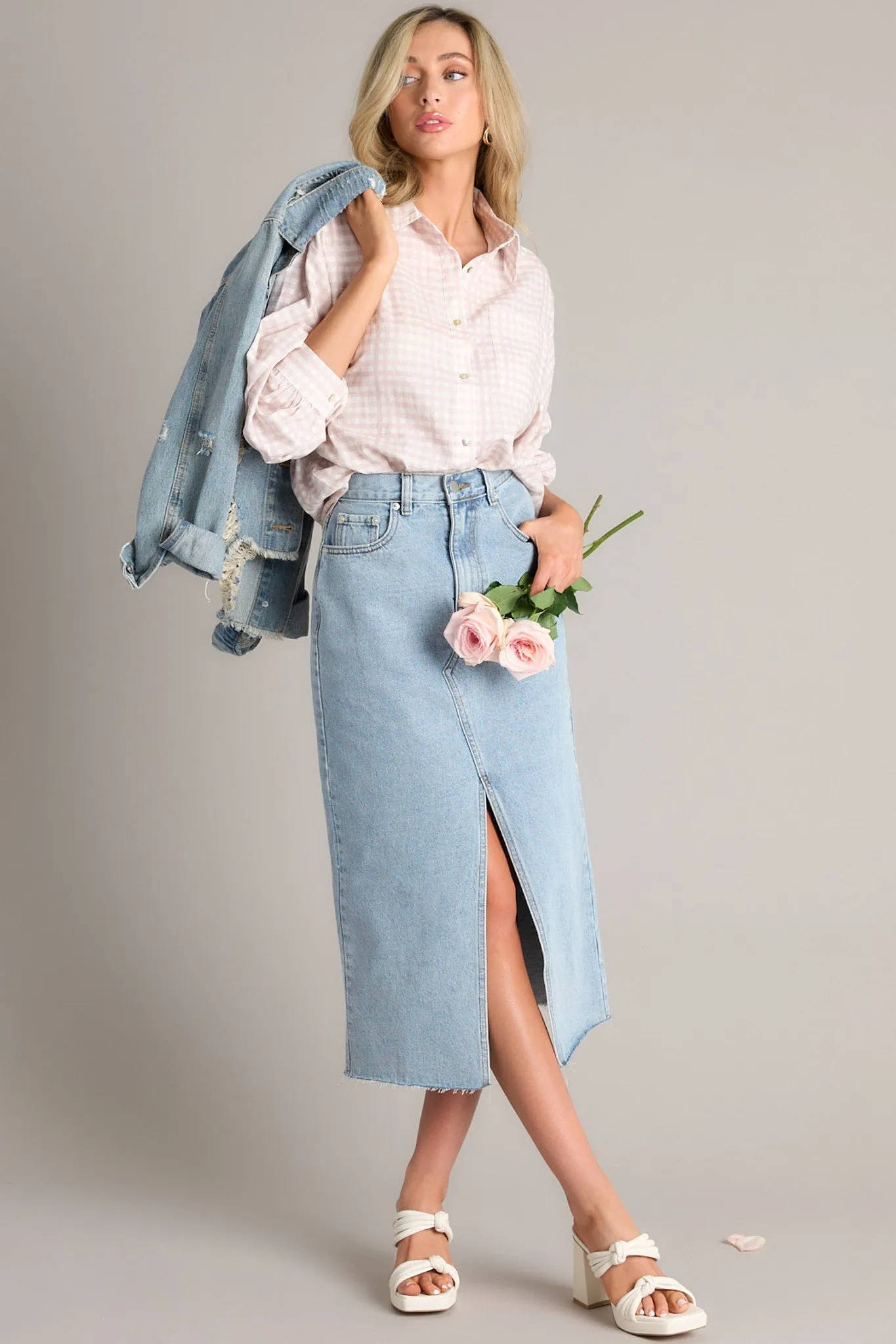 Confident Strides Light Denim Midi Skirt