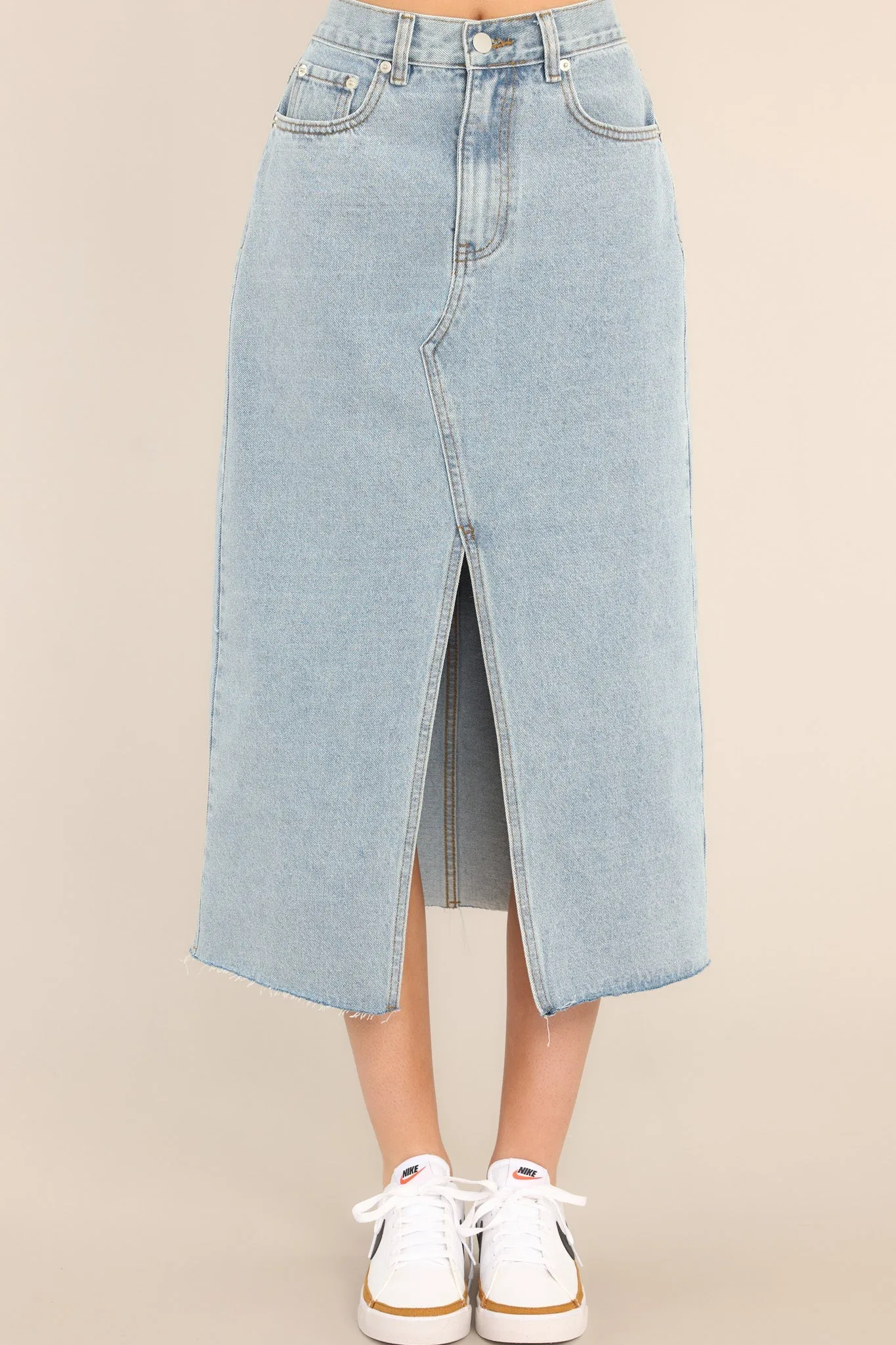 Confident Strides Light Denim Midi Skirt