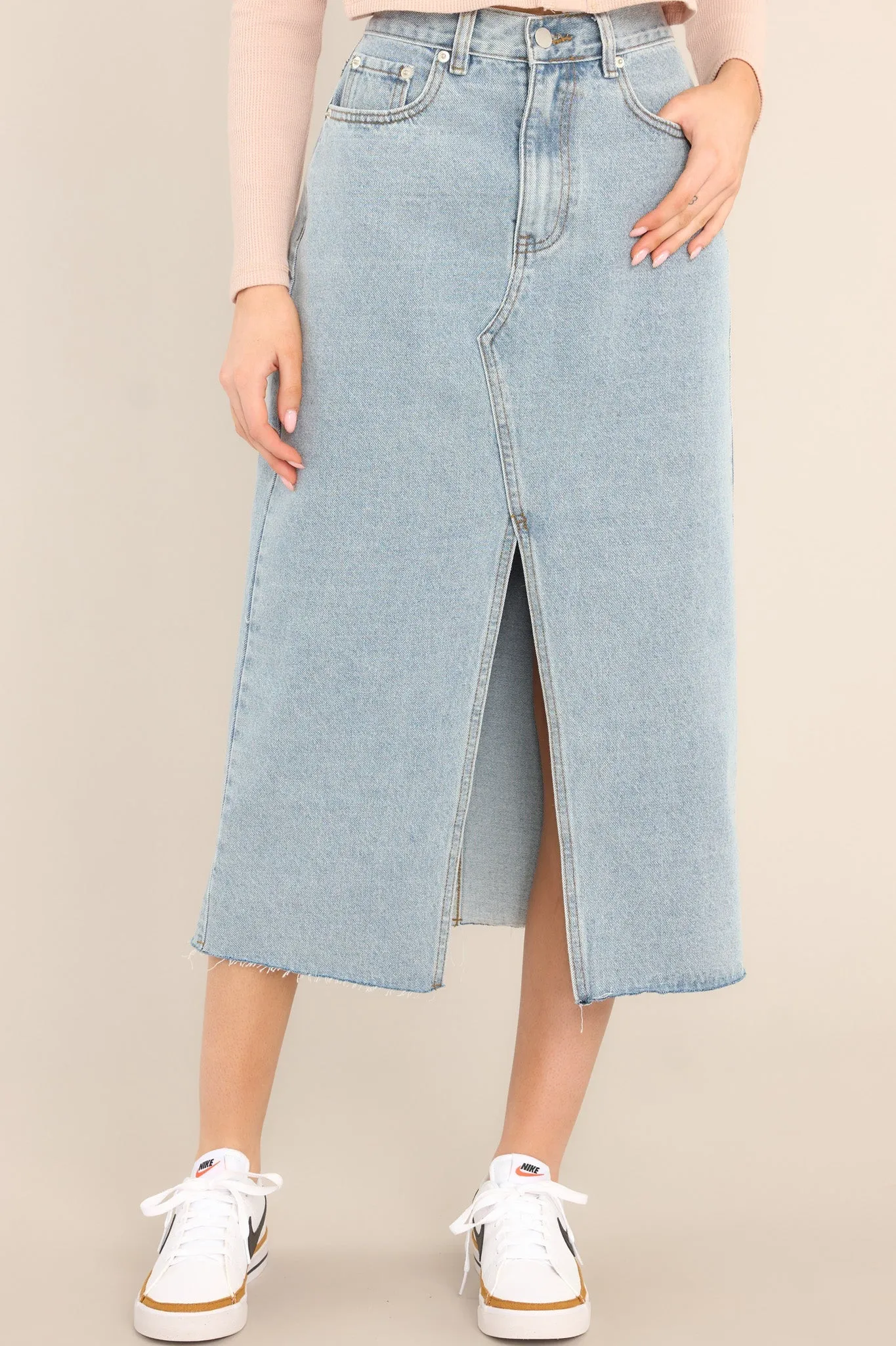 Confident Strides Light Denim Midi Skirt