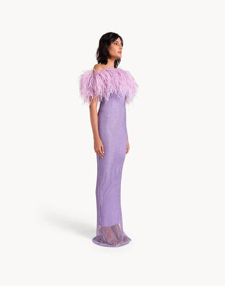 Crystal Embellished Feather Off-Shoulder Maxi Dress - Lavender