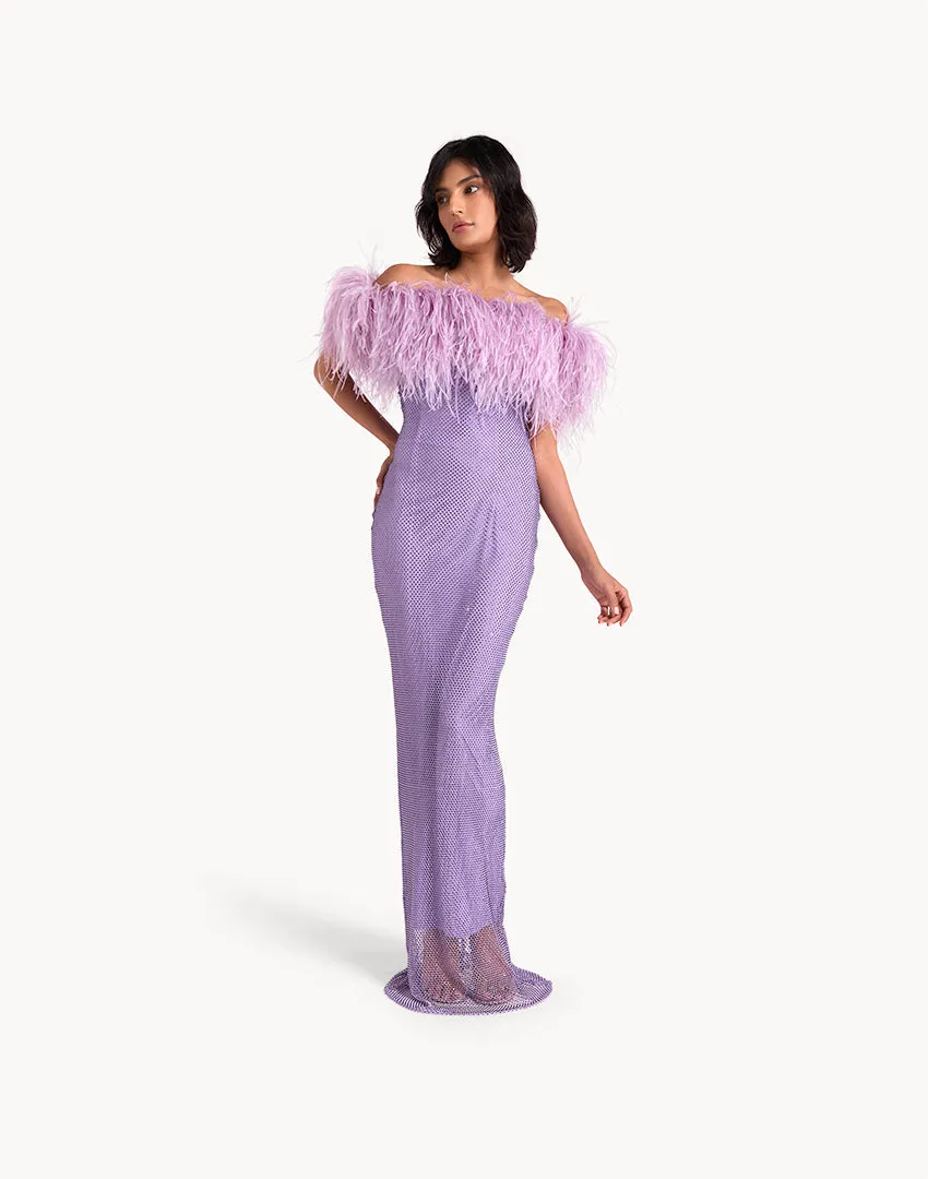 Crystal Embellished Feather Off-Shoulder Maxi Dress - Lavender