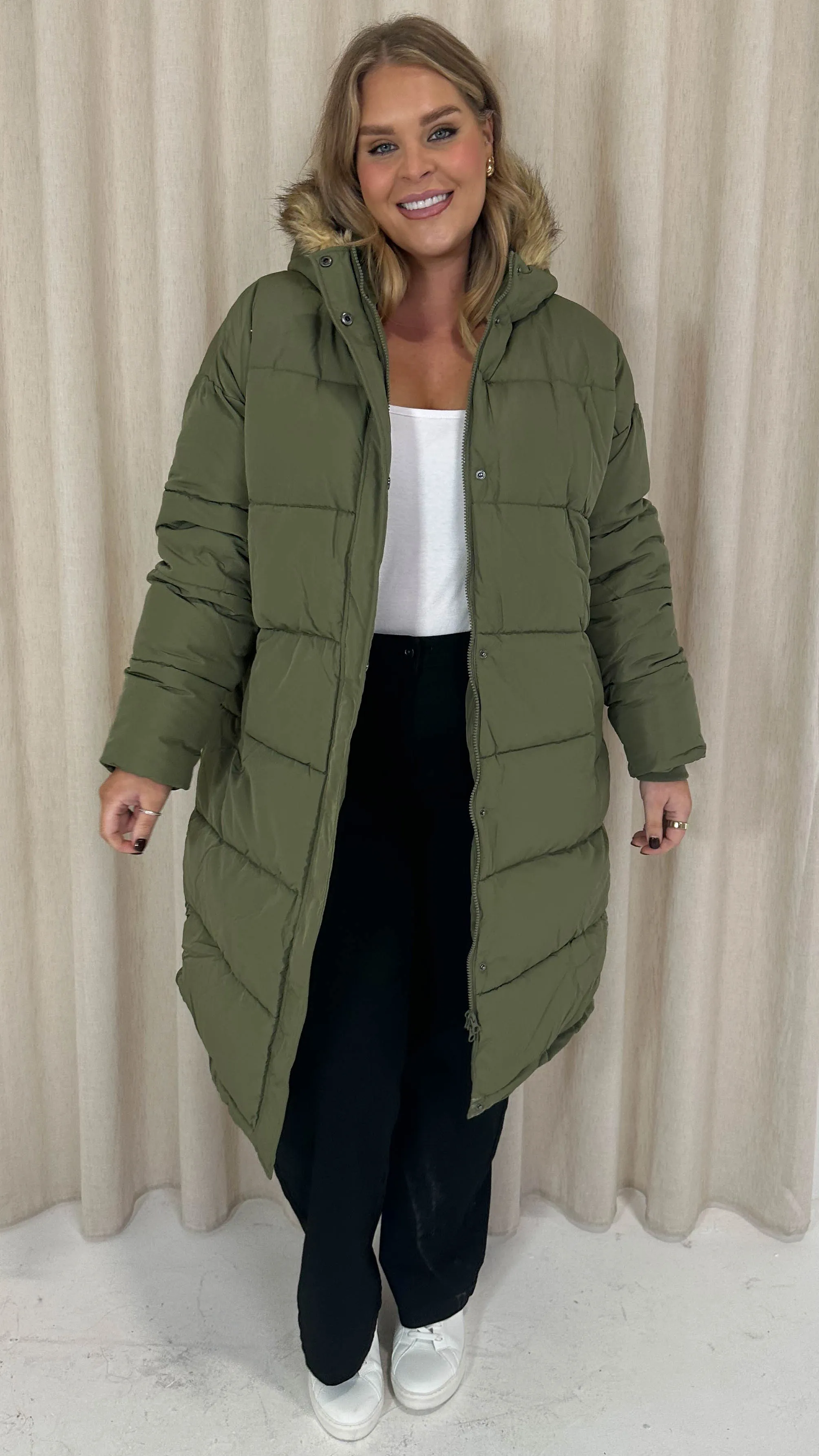 CurveWow Longline Faux Fur Hood Parka Coat Khaki