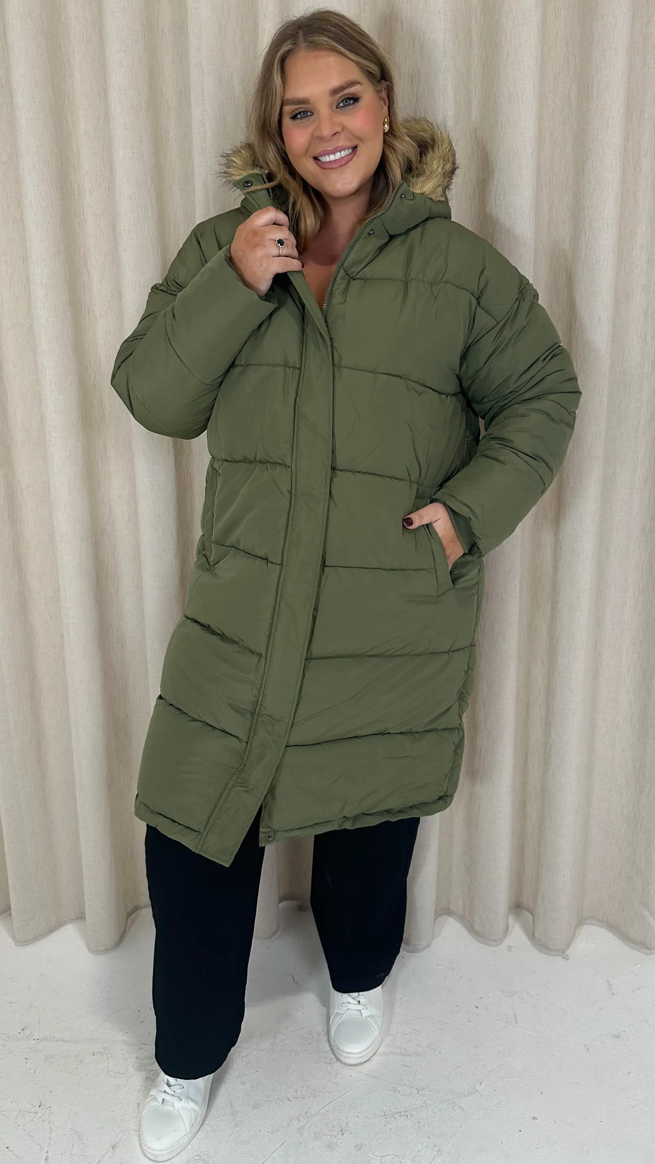 CurveWow Longline Faux Fur Hood Parka Coat Khaki