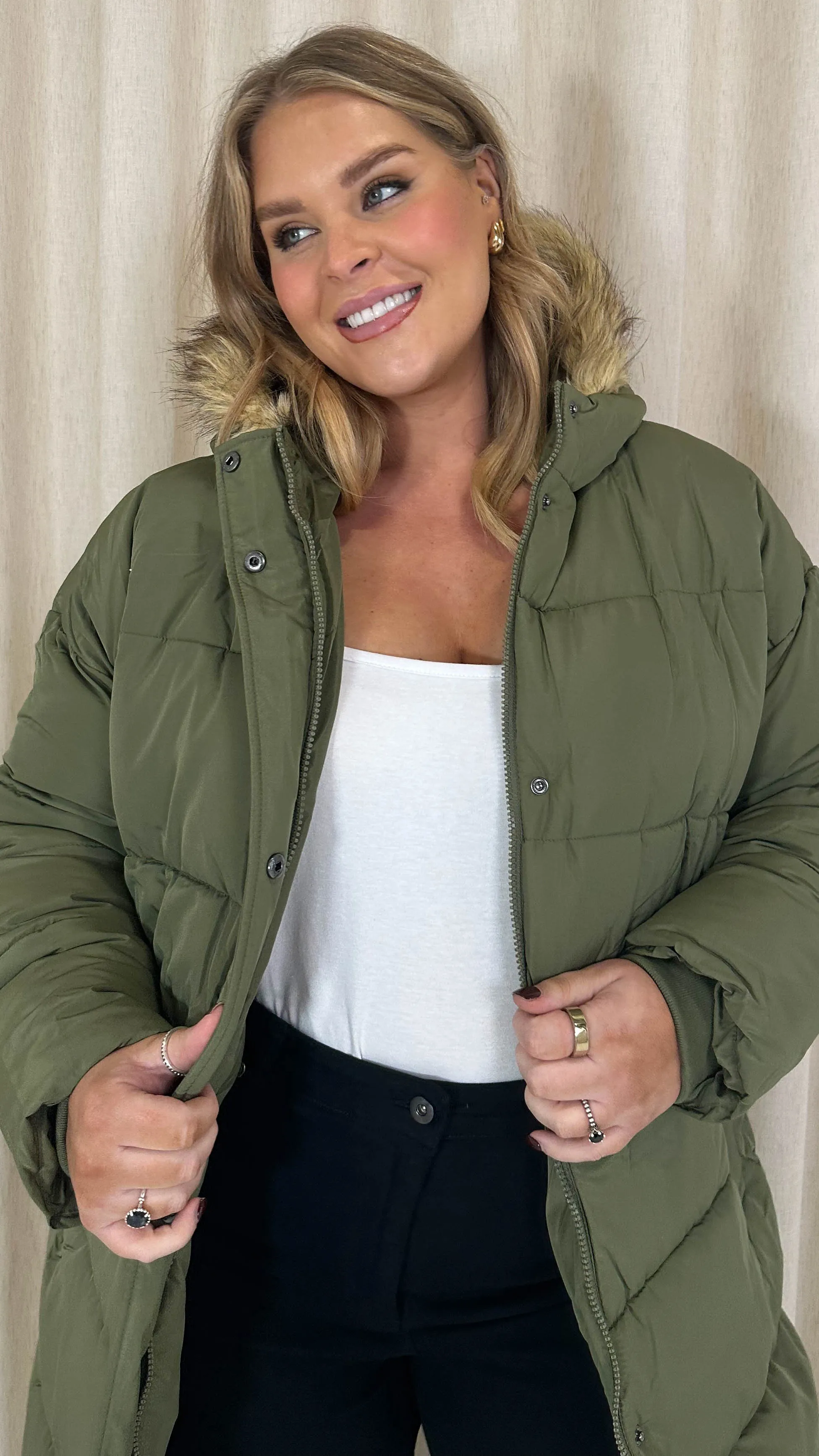 CurveWow Longline Faux Fur Hood Parka Coat Khaki