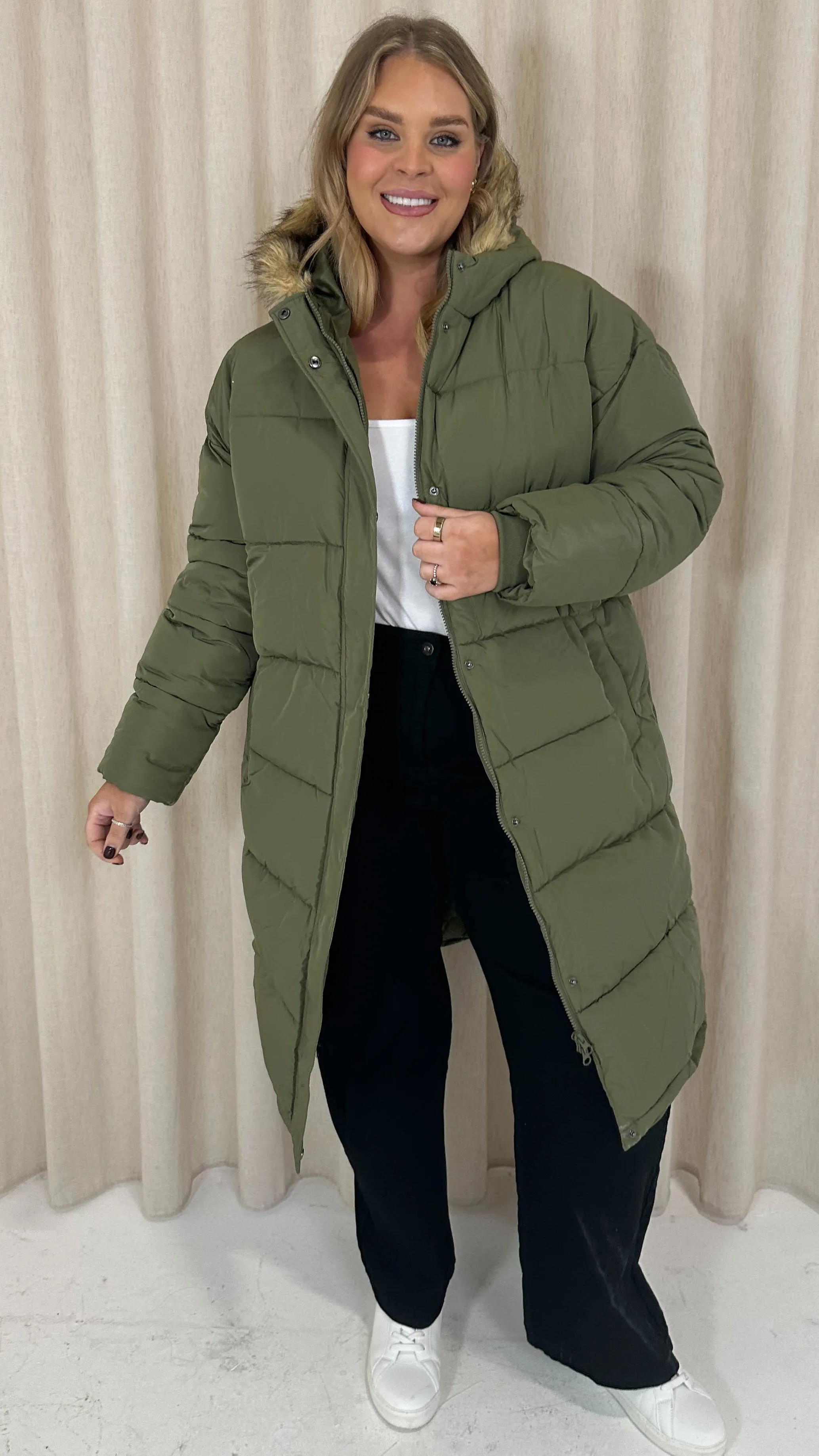 CurveWow Longline Faux Fur Hood Parka Coat Khaki