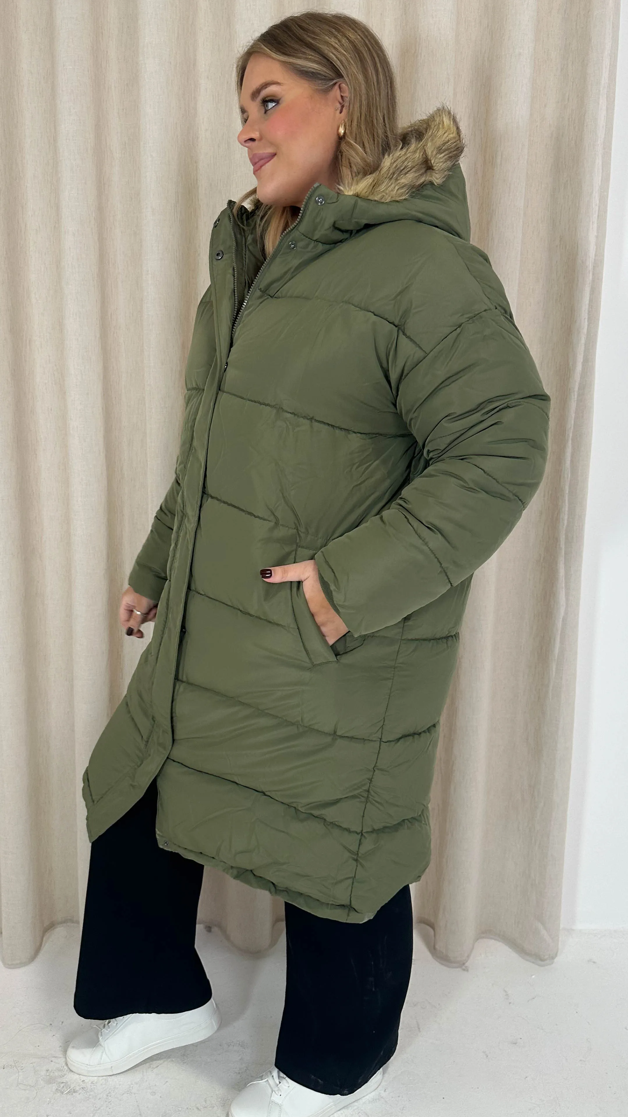 CurveWow Longline Faux Fur Hood Parka Coat Khaki