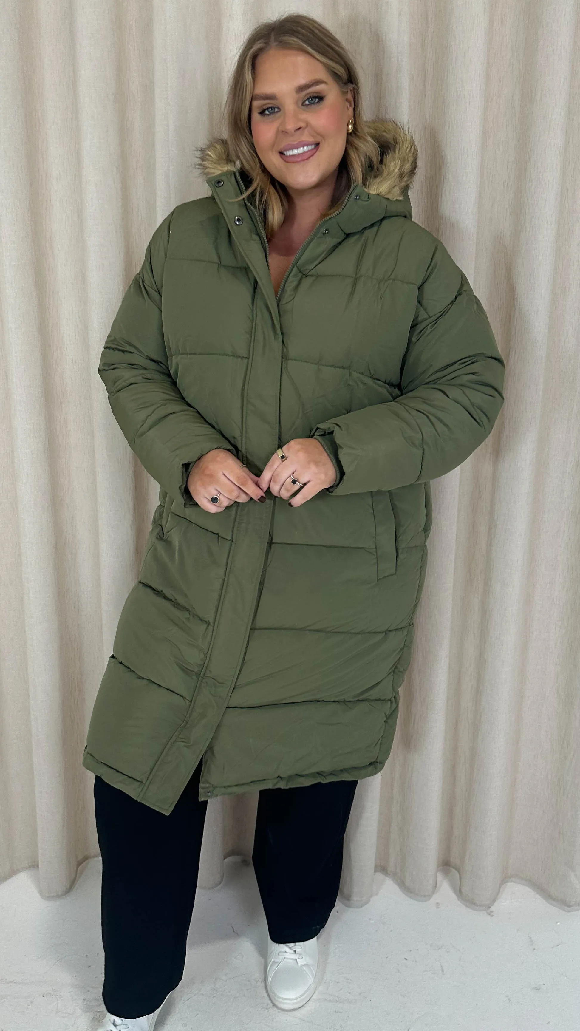 CurveWow Longline Faux Fur Hood Parka Coat Khaki