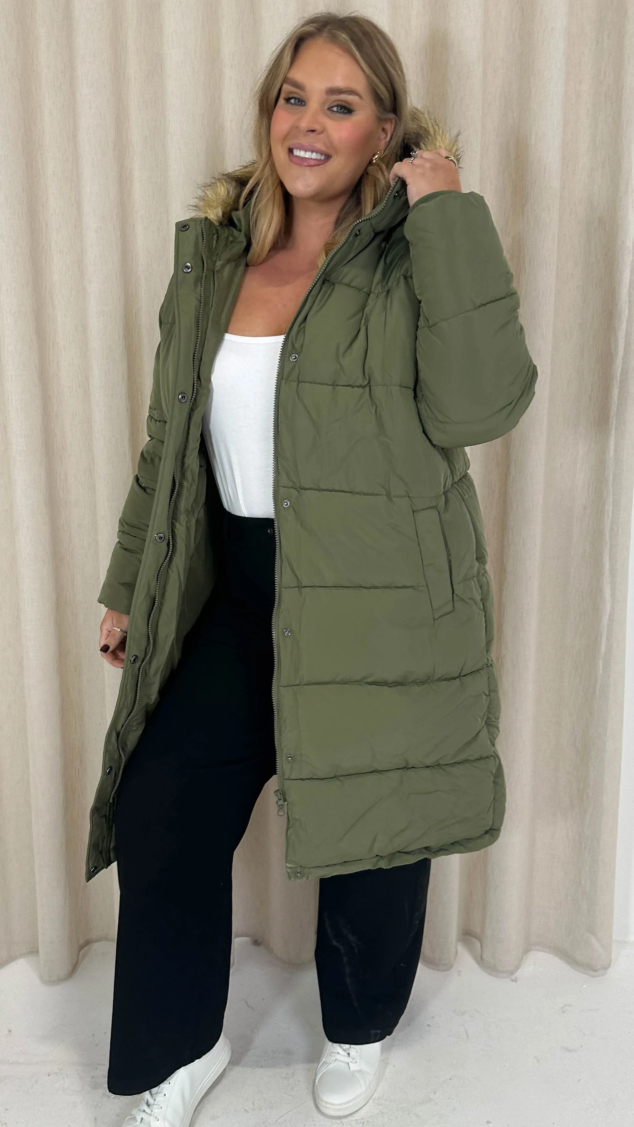 CurveWow Longline Faux Fur Hood Parka Coat Khaki