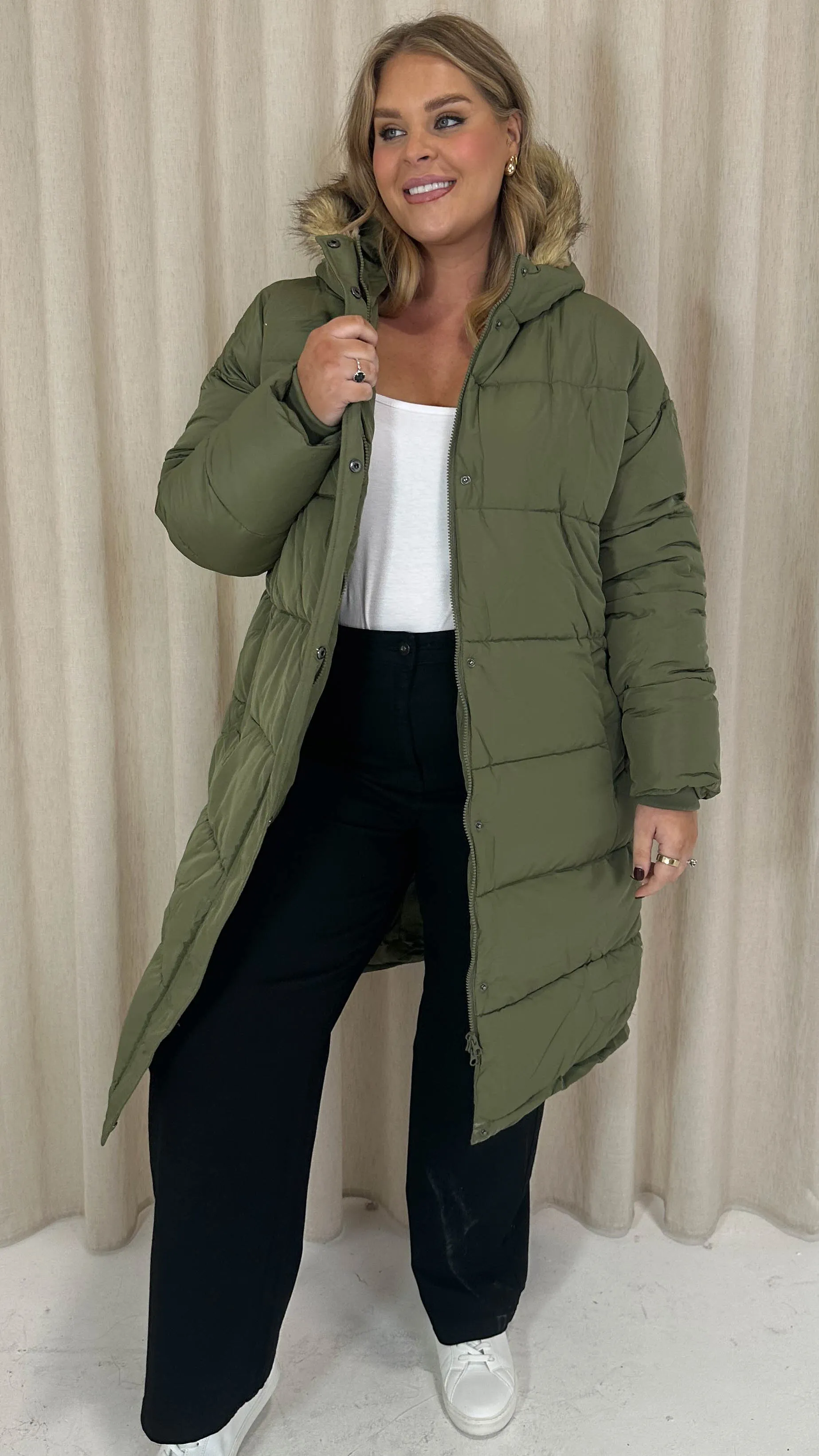 CurveWow Longline Faux Fur Hood Parka Coat Khaki