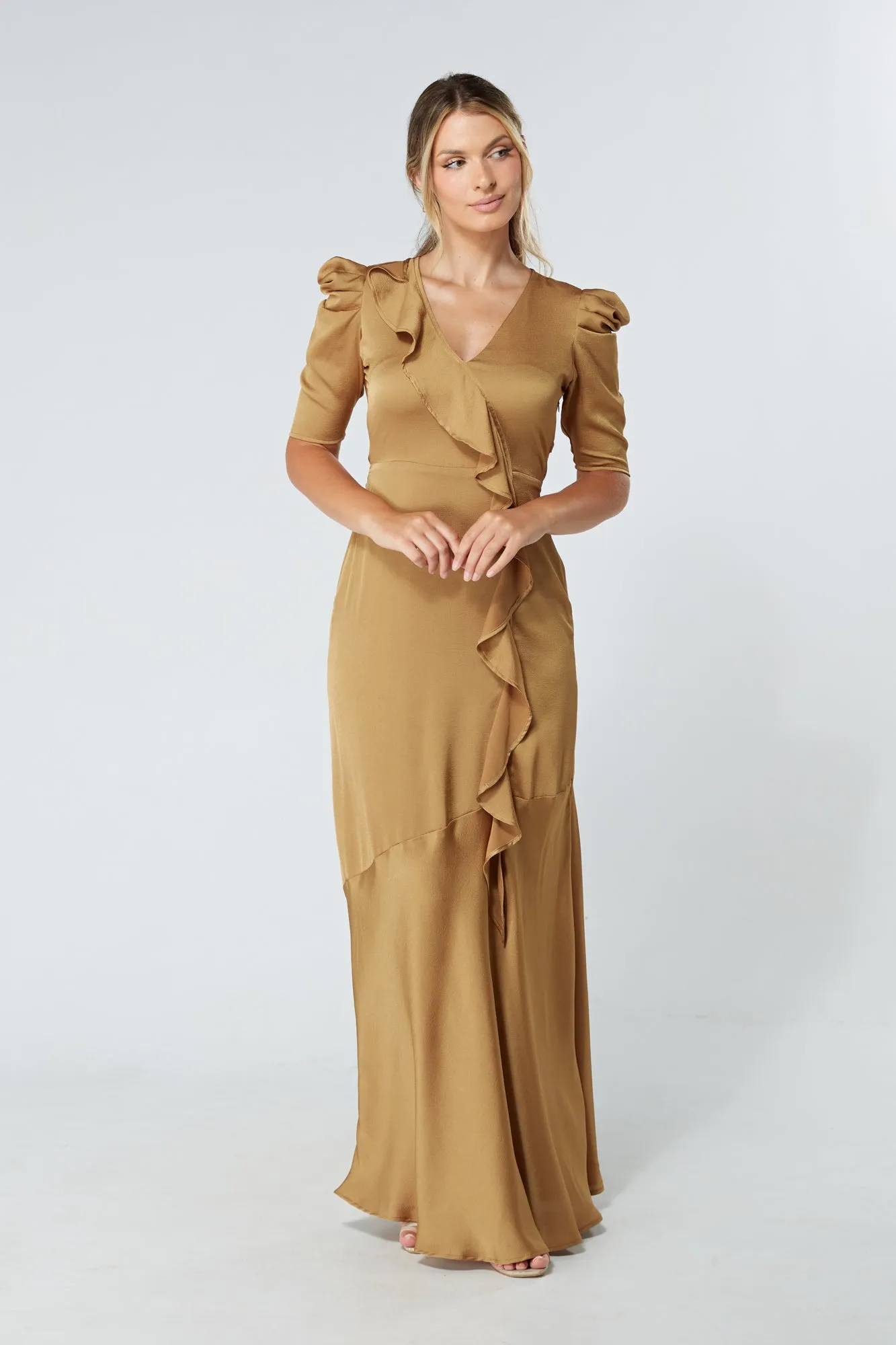 Daisy Dark Gold Satin-Feel Crepe Maxi Dress With Ruched Sleeves