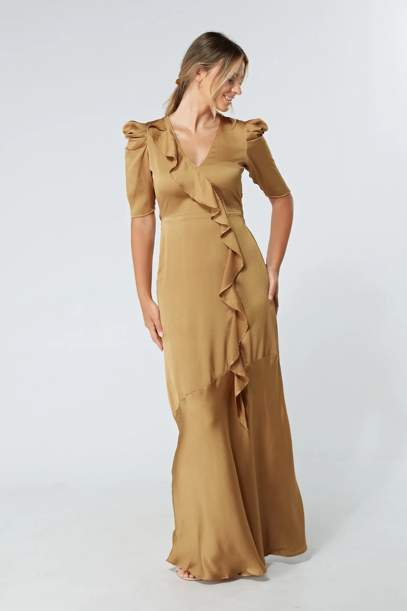 Daisy Dark Gold Satin-Feel Crepe Maxi Dress With Ruched Sleeves