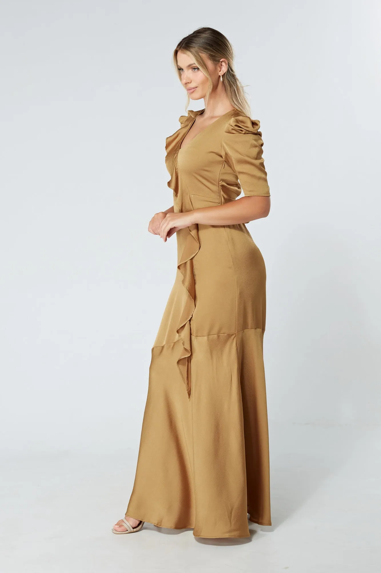 Daisy Dark Gold Satin-Feel Crepe Maxi Dress With Ruched Sleeves