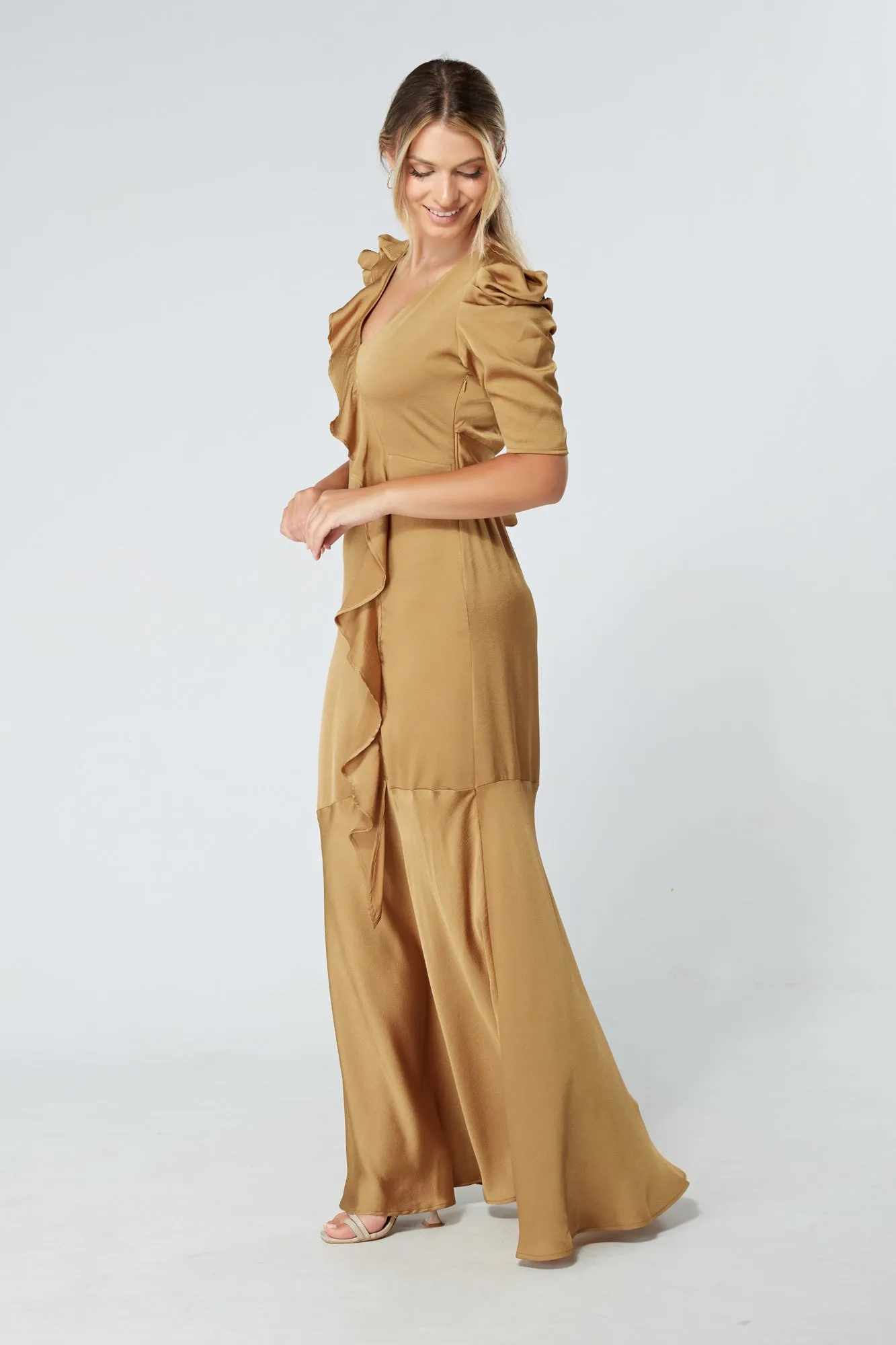 Daisy Dark Gold Satin-Feel Crepe Maxi Dress With Ruched Sleeves