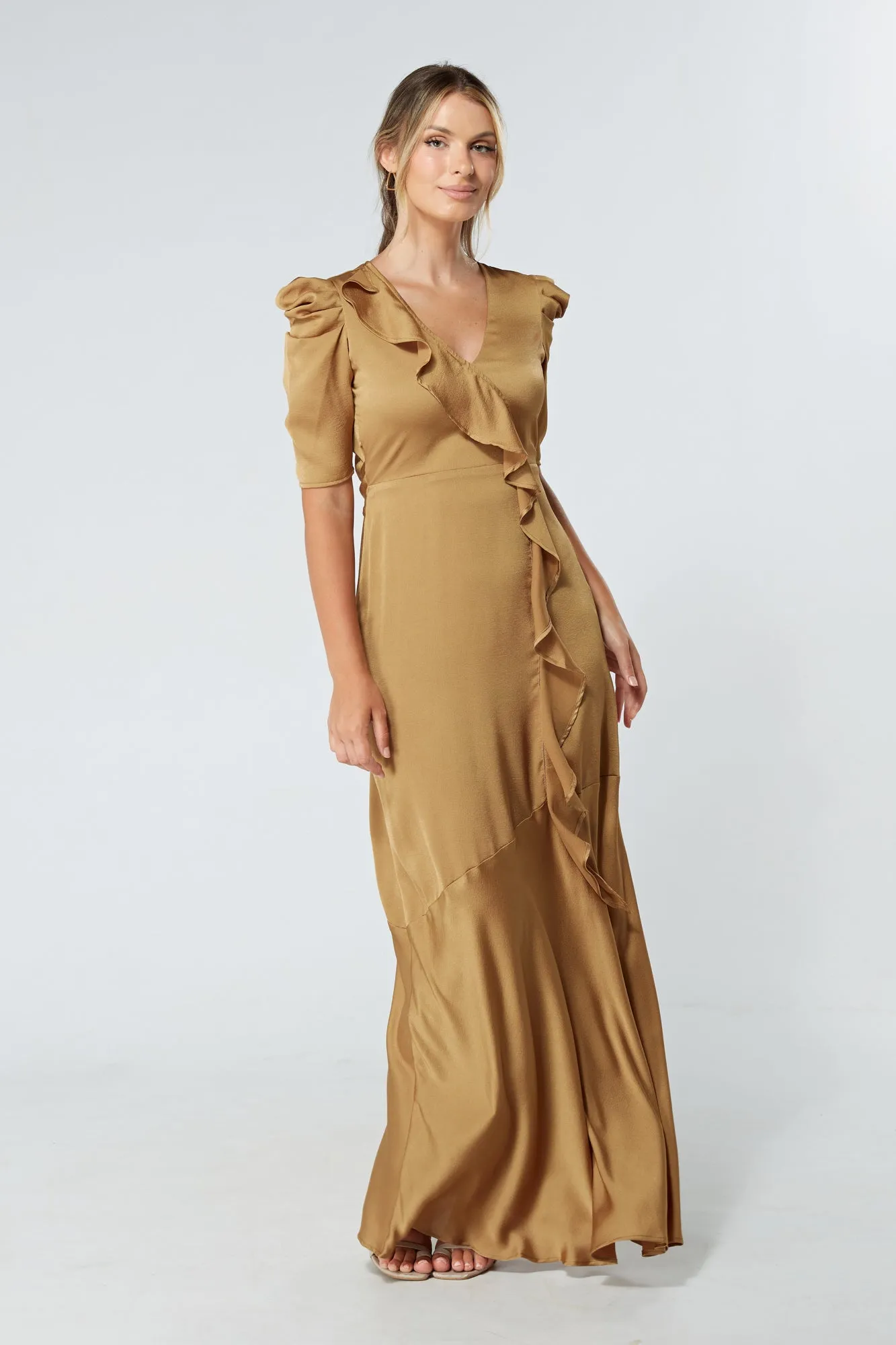 Daisy Dark Gold Satin-Feel Crepe Maxi Dress With Ruched Sleeves