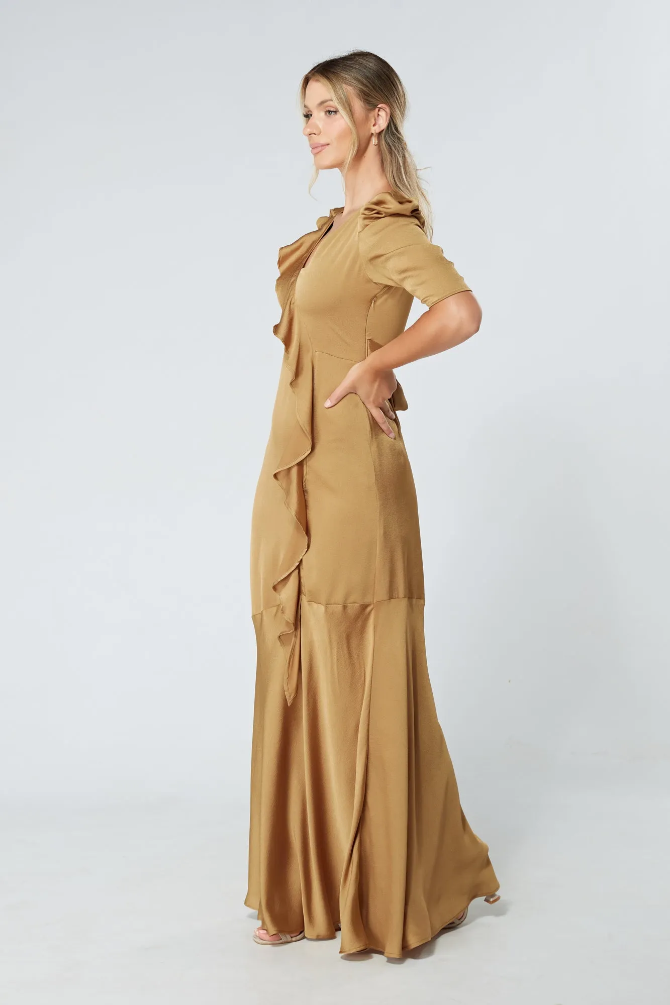 Daisy Dark Gold Satin-Feel Crepe Maxi Dress With Ruched Sleeves