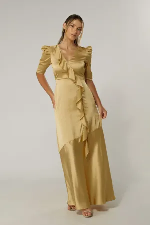 Daisy Light Gold Satin-Feel Crepe Maxi Dress With Ruched Sleeves