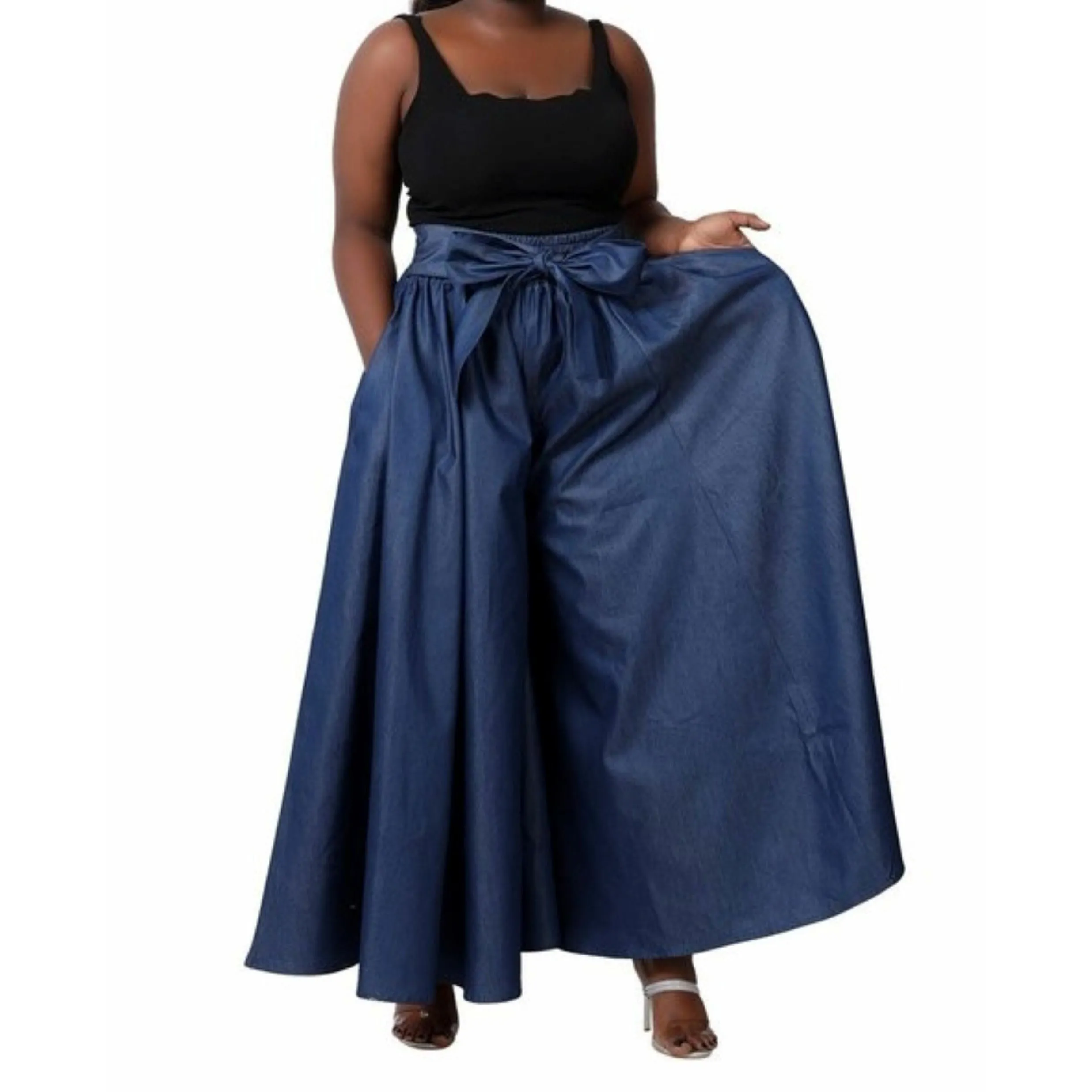 Denim Long Palazzo Pants - One Size Fits Most - S-3XL