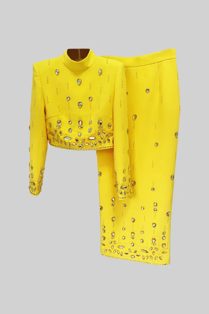 Diamond Embellished Co-Ord with Maxi Skirt - Yellow