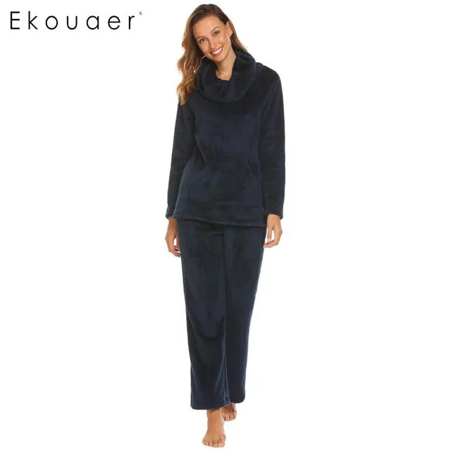 Ekouaer Women Winter Nightwear Pajamas Set Cowl Collar Long Sleeve Soft Fleece Nighties Pajamas Female Sleepwear Home Clothing