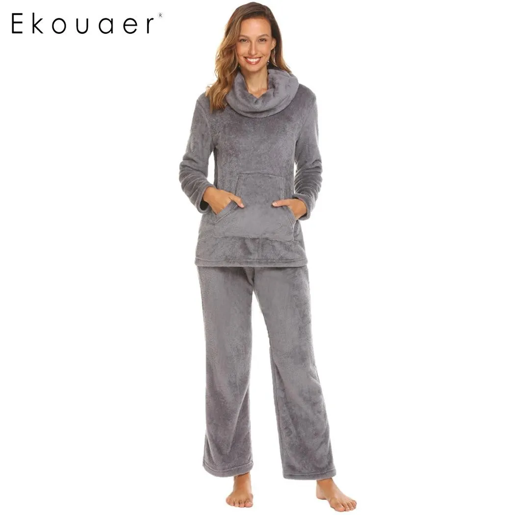 Ekouaer Women Winter Nightwear Pajamas Set Cowl Collar Long Sleeve Soft Fleece Nighties Pajamas Female Sleepwear Home Clothing