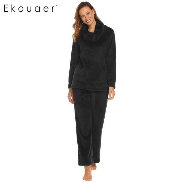 Ekouaer Women Winter Nightwear Pajamas Set Cowl Collar Long Sleeve Soft Fleece Nighties Pajamas Female Sleepwear Home Clothing