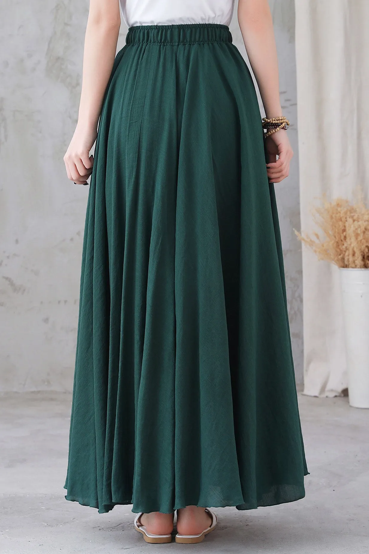 Elastic Waist Green Linen Long Skirt 3296