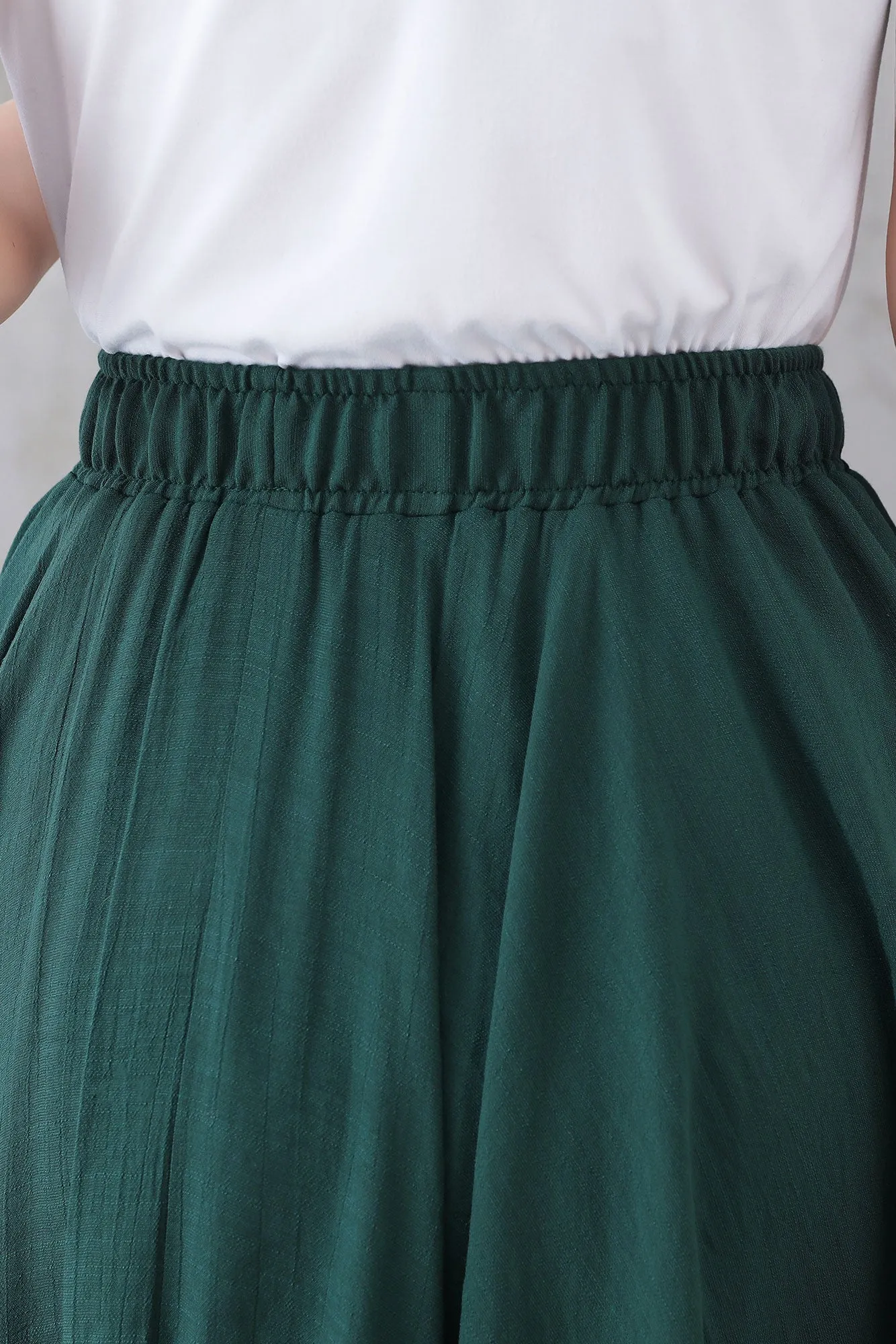 Elastic Waist Green Linen Long Skirt 3296