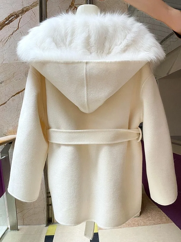 Elegant Hooded Wool and Cashmere Coat with Fox Fur Trim for Stylish Women