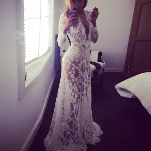 European Style Summer  Sexy Lace Embroidery Maxi Dress Long Sleeve Deep V  Plunging Neckline