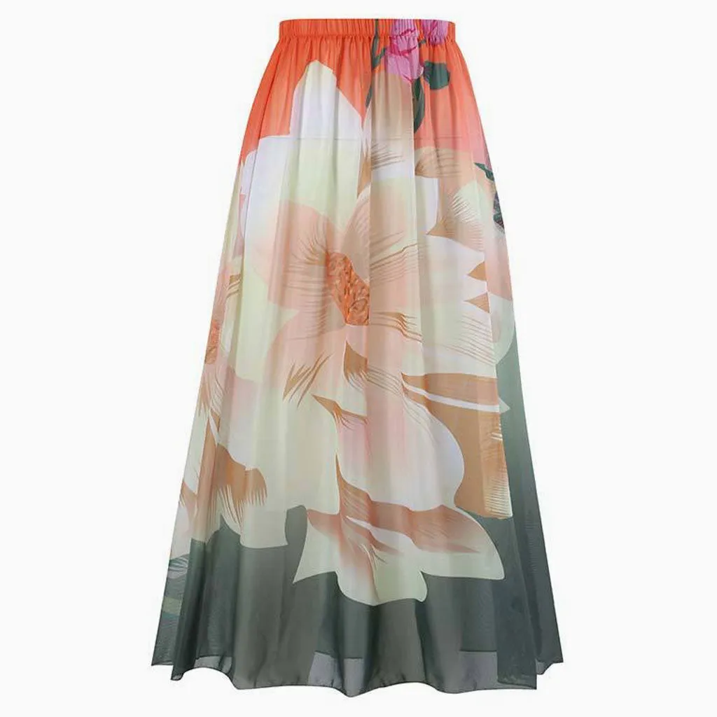 Flowy Floral Printed High Waist Ruched Mesh Beach Cover Up Maxi Skirt