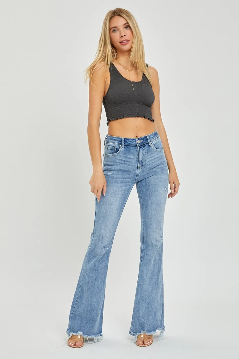 Full Size High Rise Frayed Hem Flare Jeans