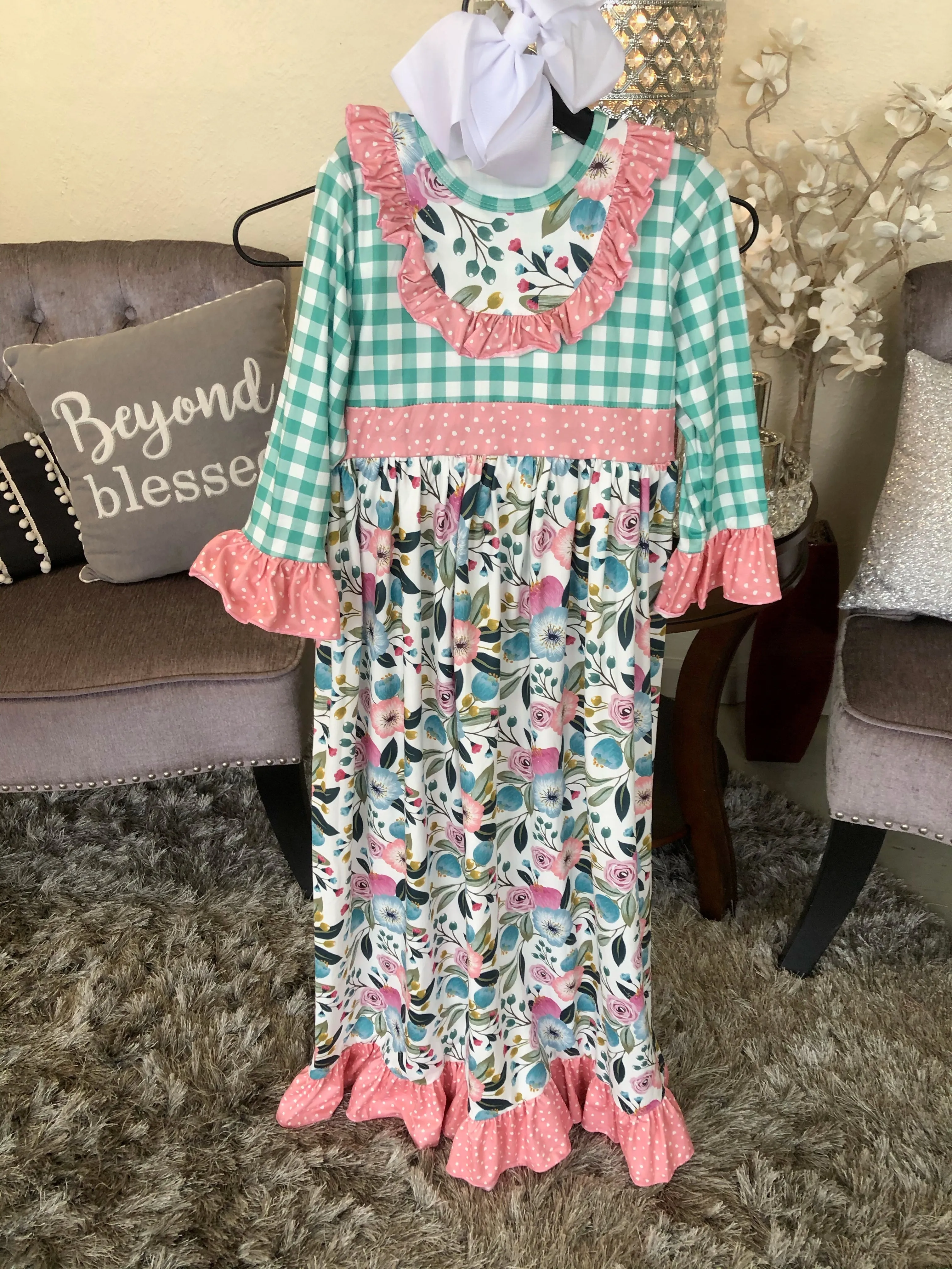 Girl’s Peach/Floral/Dot and Mint Check Dress