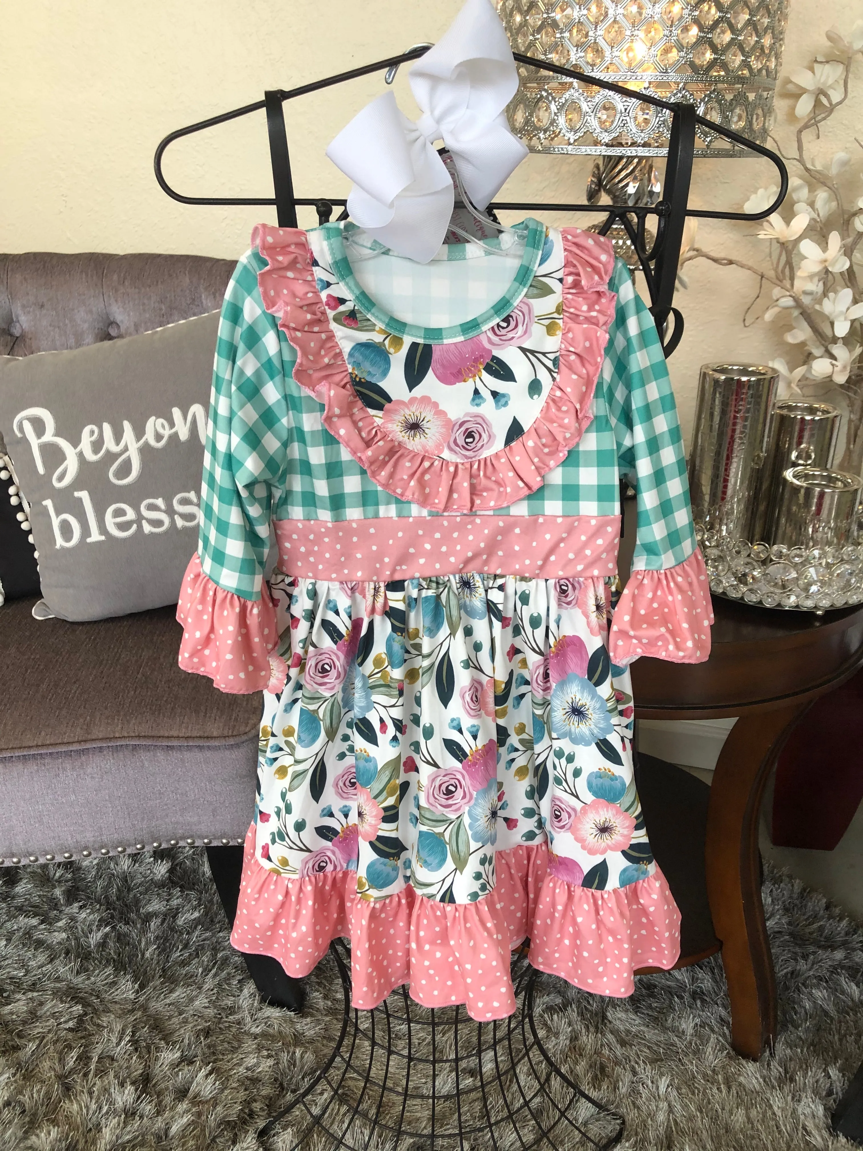 Girl’s Peach/Floral/Dot and Mint Check Dress