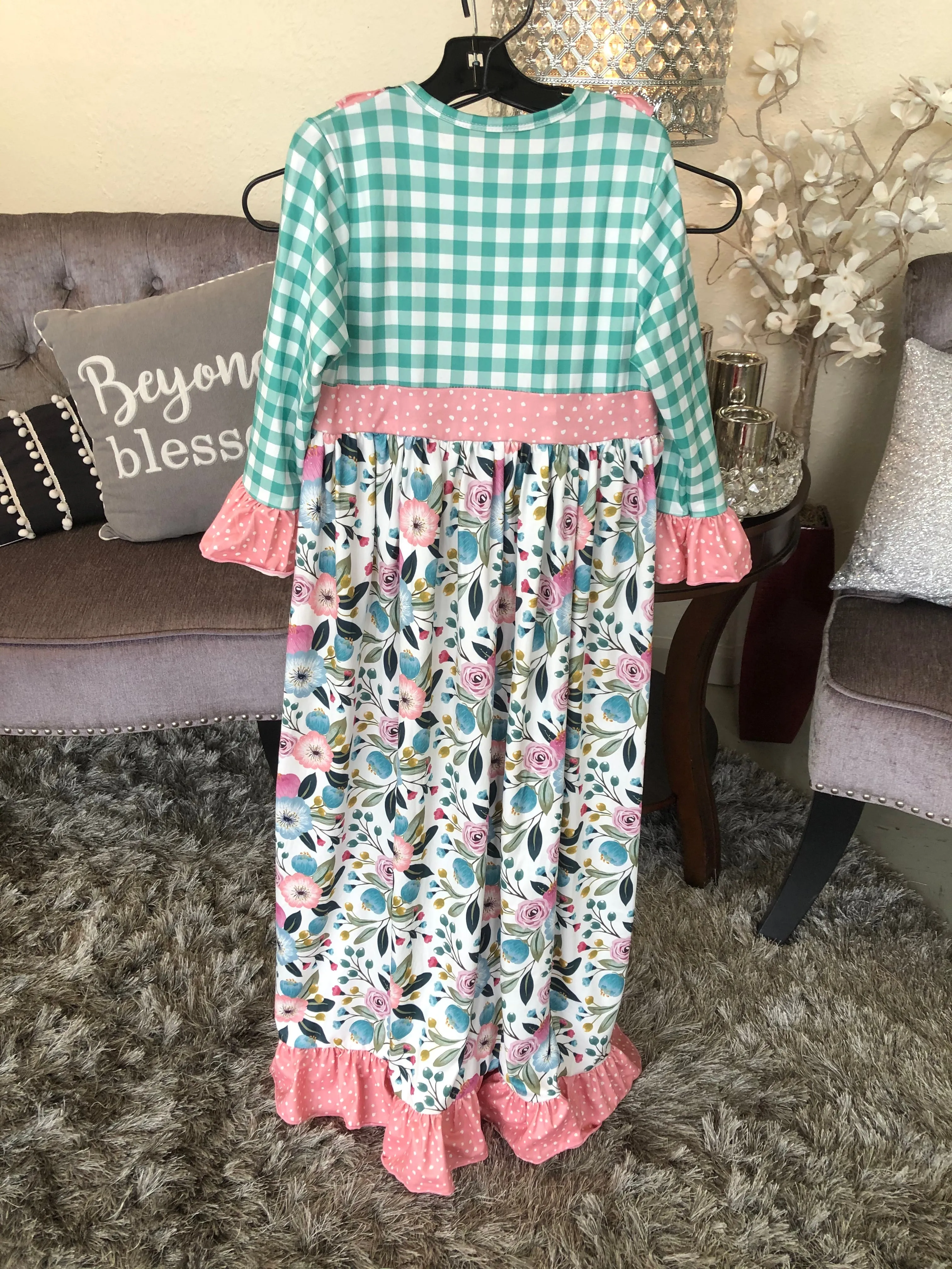 Girl’s Peach/Floral/Dot and Mint Check Dress