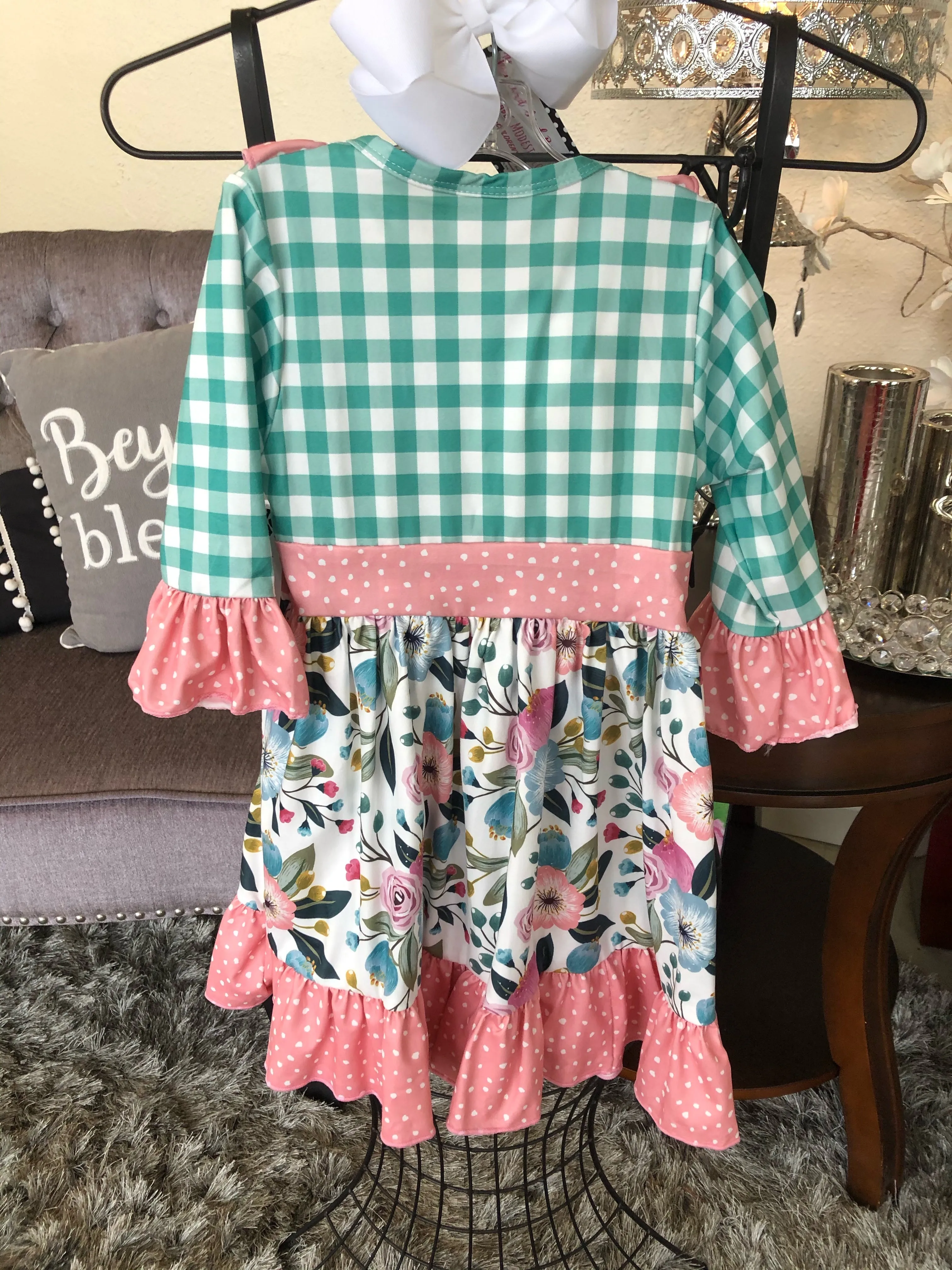 Girl’s Peach/Floral/Dot and Mint Check Dress