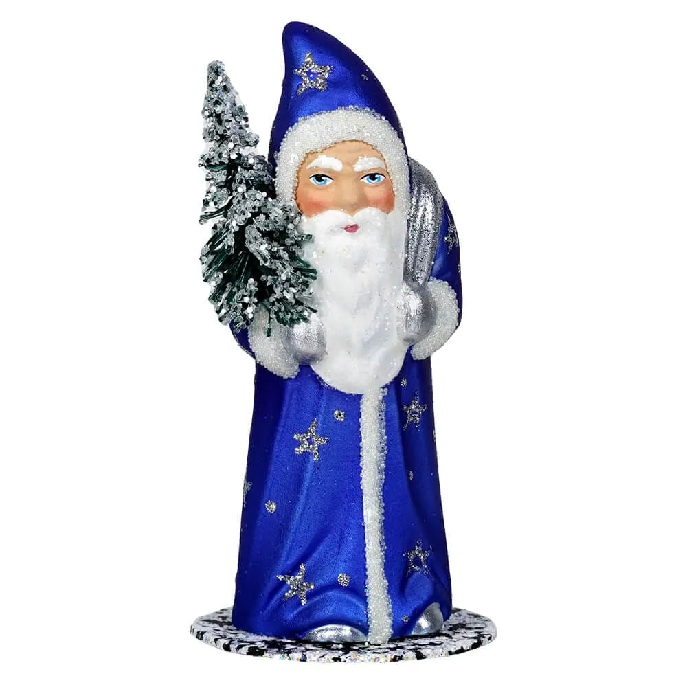 Glittered & Beaded Blue Coat Santa Claus With Stars Holding Tree