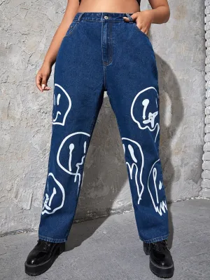 Graphic High Waist Long Plus Size Jeans