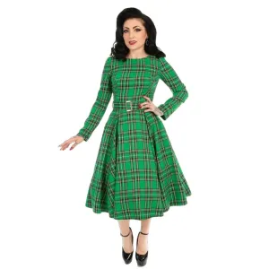 Green Tartan Long Sleeve Burns Night & Rockabilly Style Swing Dress