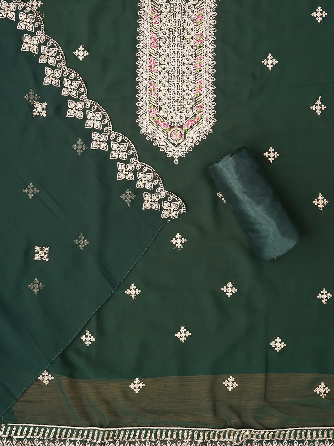 Green Zari Embroidered Silk Georgette Dress Material with Dupatta