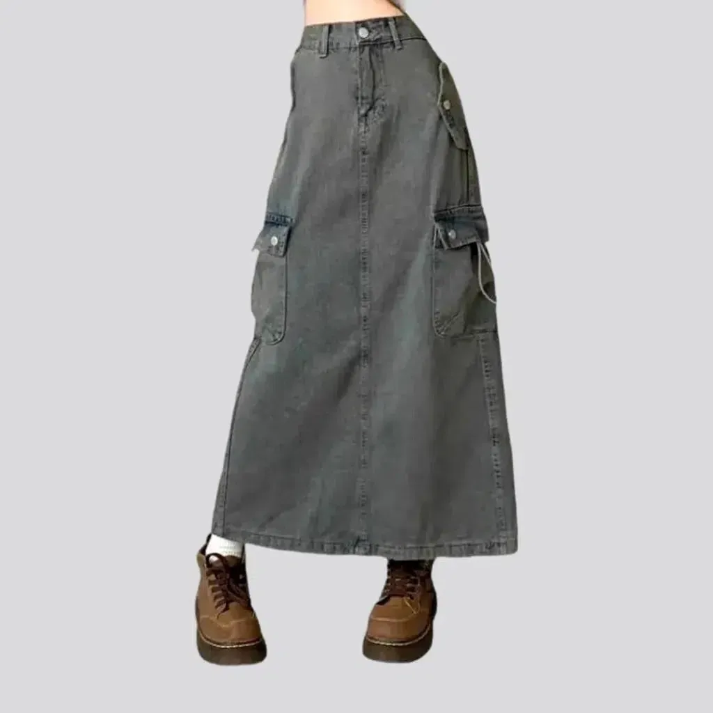 Grey back-slit women's jean skirt