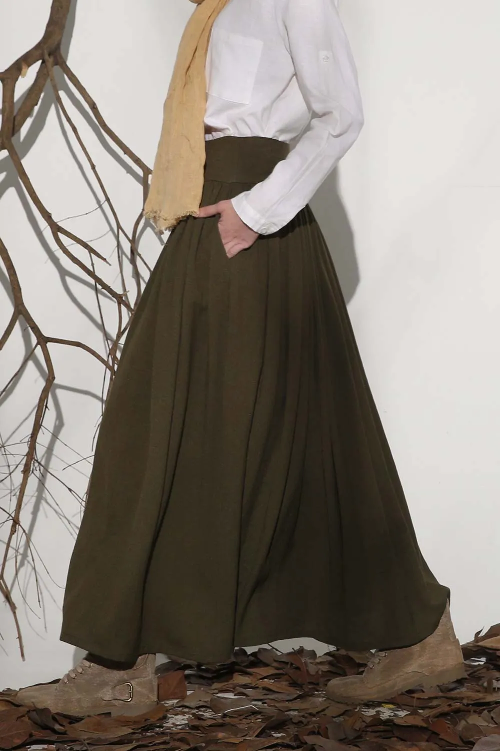 Handmade Army green pleated maxi linen skirt 1151#