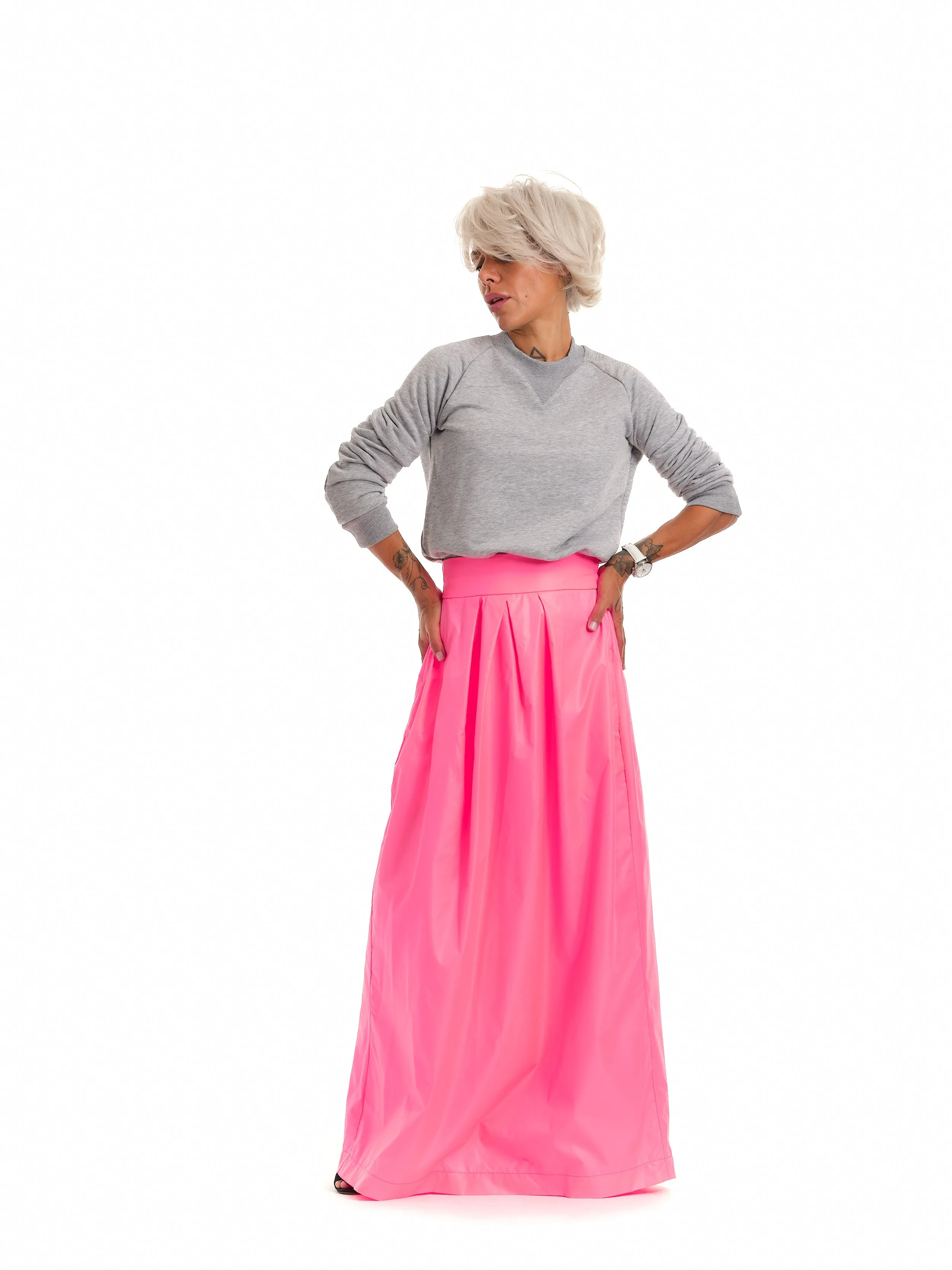 High-Waisted Neon Pink Maxi Skirt with Elastic Waistband