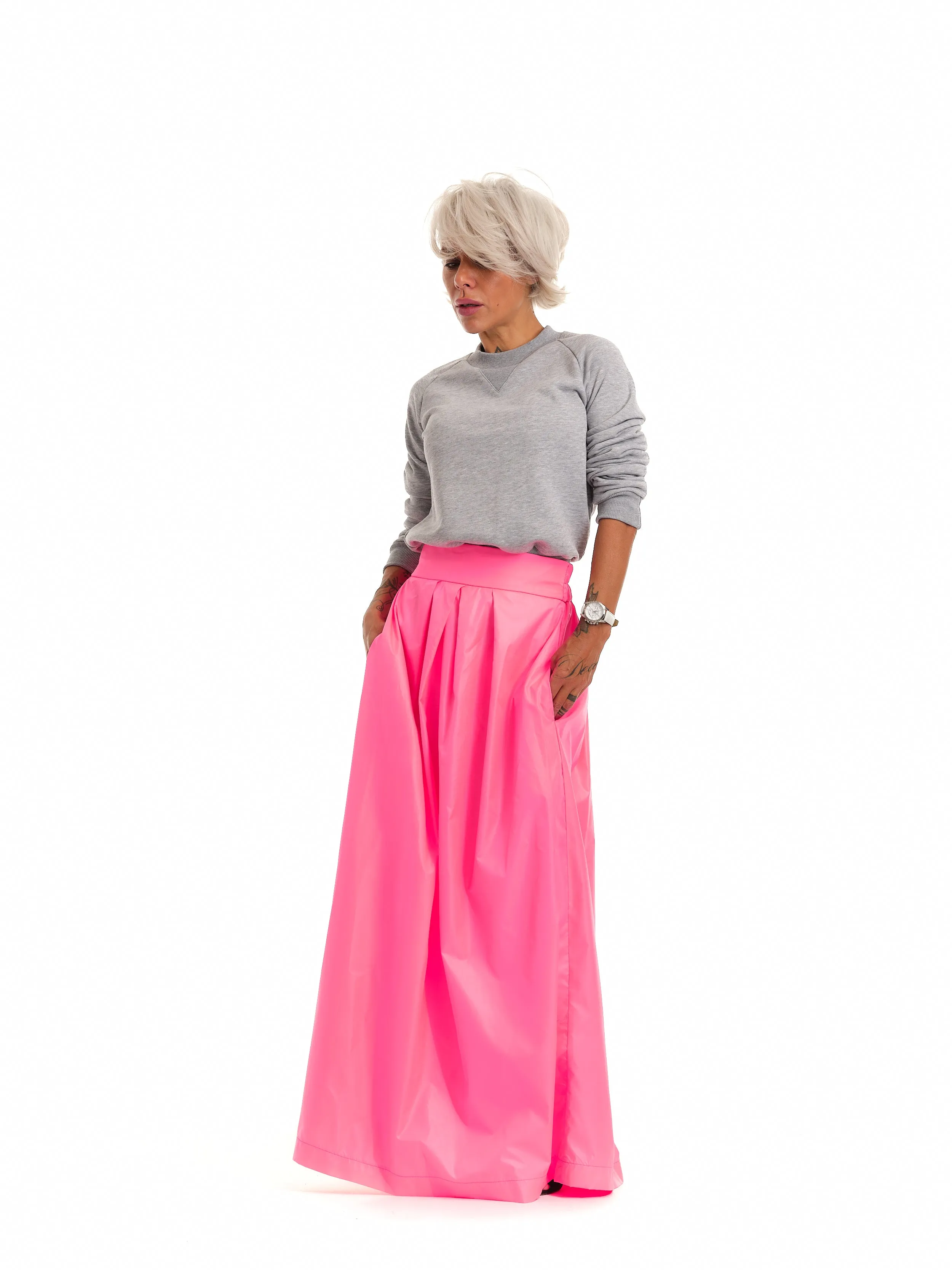 High-Waisted Neon Pink Maxi Skirt with Elastic Waistband