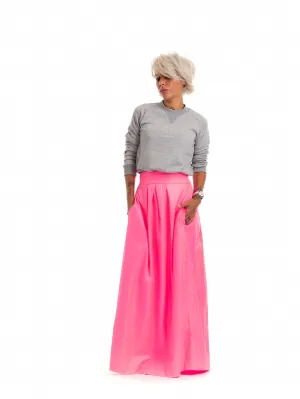 High-Waisted Neon Pink Maxi Skirt with Elastic Waistband